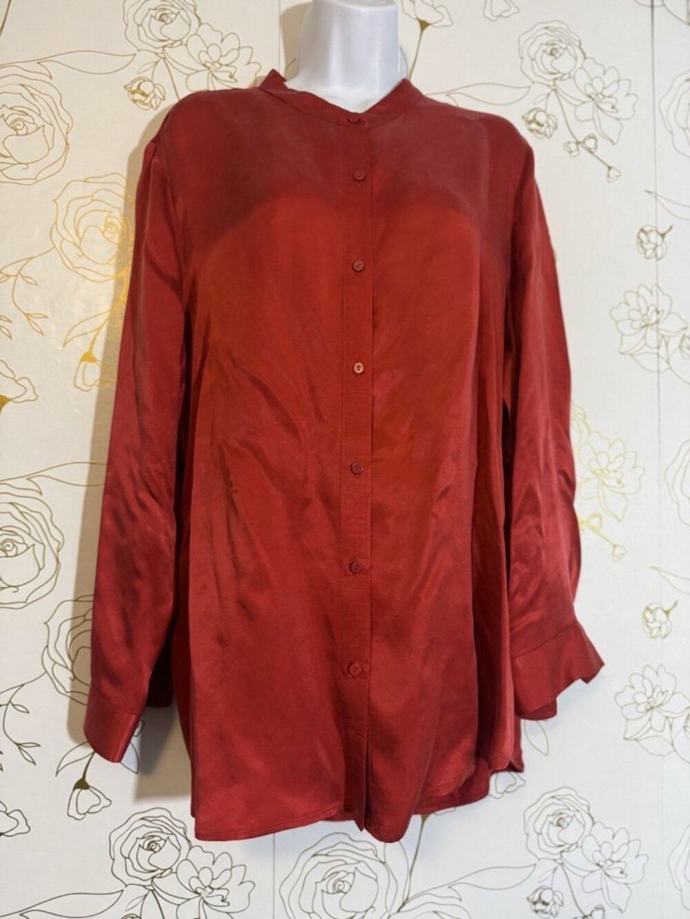 Eileen Fisher Sand Washed Cupro Mandarin Collar Tunic Shirt Large Red Silky 083